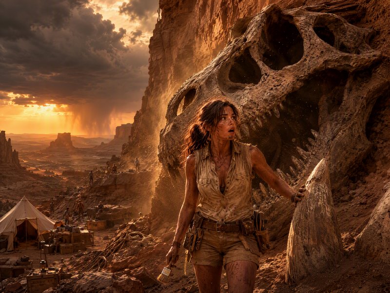Shocked female paleontologist stands beside a massive embedded T-Rex skull fossil at a desert exc...