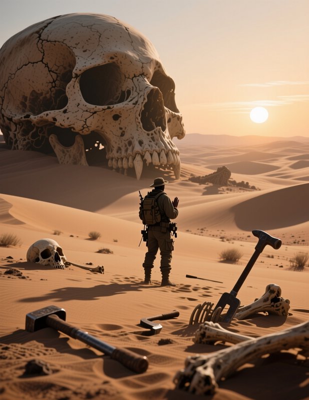 Lone backpacked explorer stands in desert dunes, gazing at a massive weathered giant skull half-b...