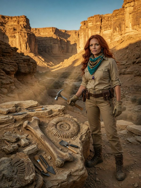 Red-haired female paleontologist holds a rock hammer beside excavated ammonite and bone fossils at a sunlit desert canyon ...