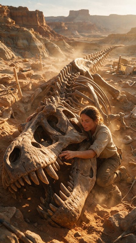Female paleontologist examines a massive T-rex dinosaur skeleton at a sunlit desert fossil dig site.