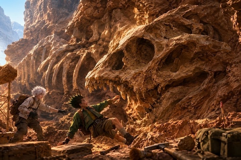 Two anime explorer characters react to a giant fossilized prehistoric skull embedded in a sunlit ...