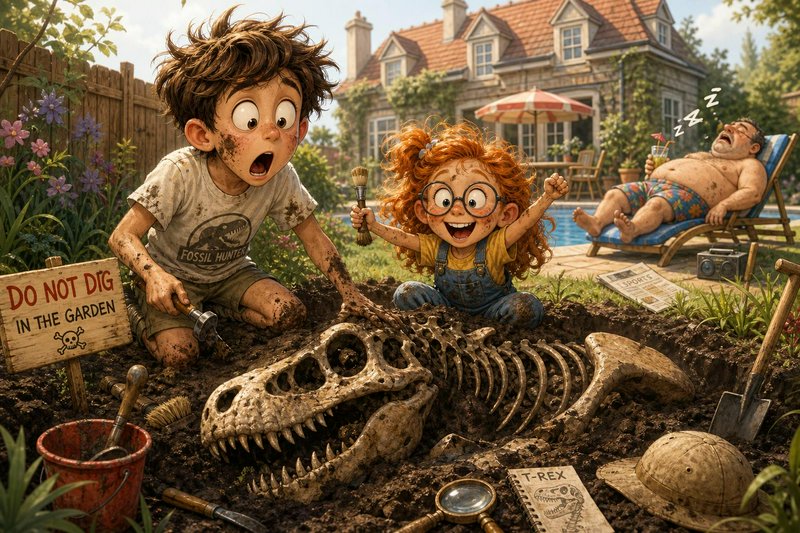 Whimsical cartoon of muddy kids uncovering a T-Rex fossil in a backyard next to a "Do Not Dig" si...