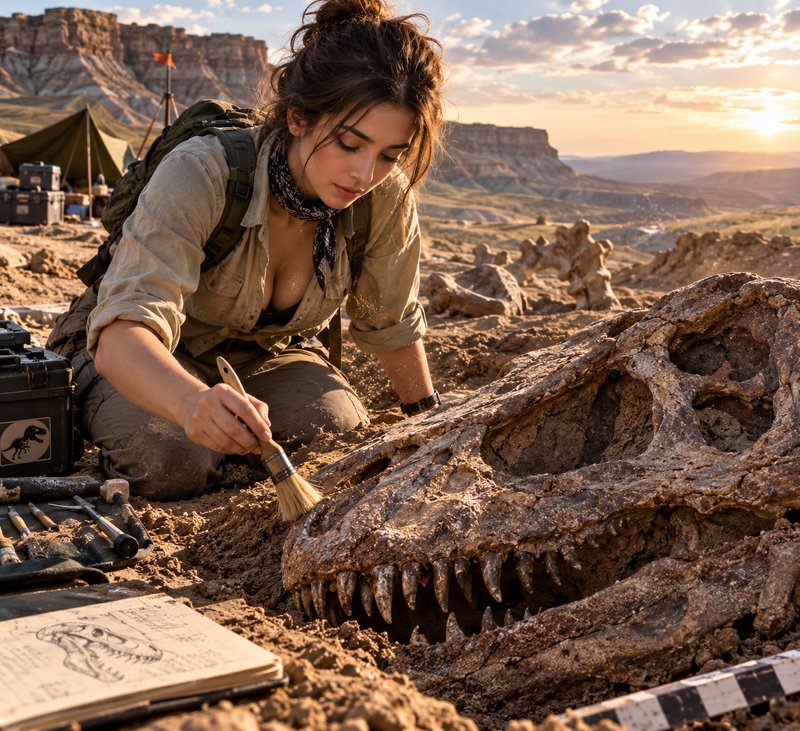 Female paleontologist brushes an exposed T-Rex dinosaur skull fossil at a desert badlands dig sit...