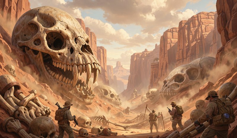 Explorers discover colossal fanged giant creature skulls scattered across a red rock desert canyon