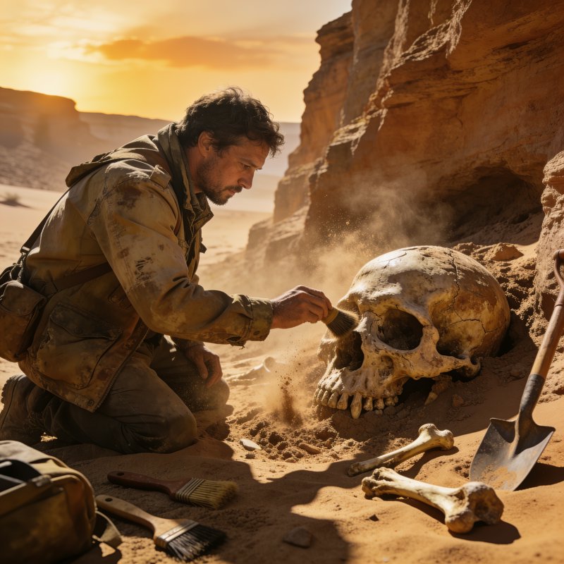 Archaeologist brushes dust off a large ancient fossil skull at a desert canyon excavation site du...