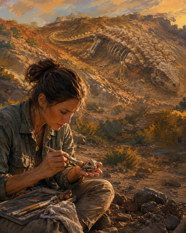 Female paleontologist brushes small fossil at a sunset dig site, with a giant ankylosaurus skelet...