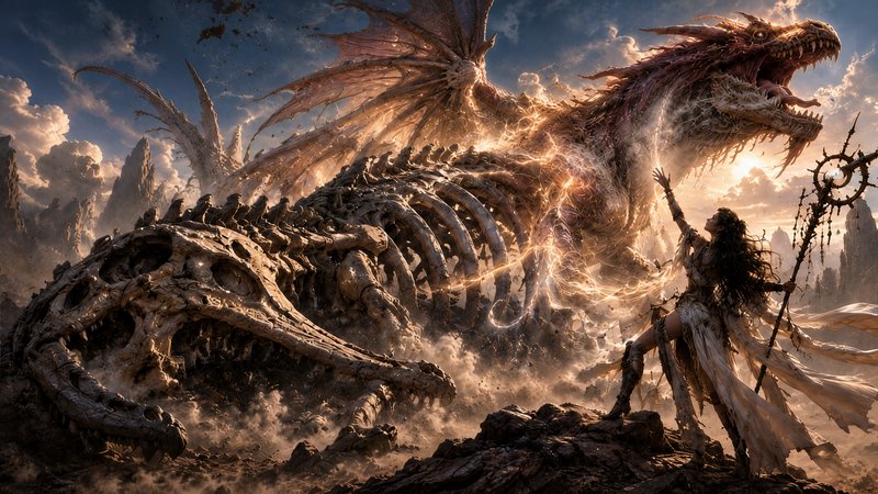 Fantasy sorceress channels glowing magic to summon an undead dragon rising from a massive fossil ...