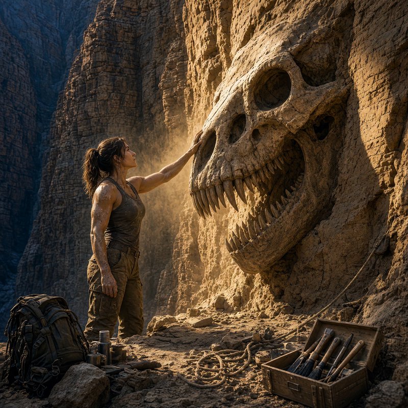 Female paleontologist touches a massive fossilized dinosaur skull embedded in a sunlit sandstone ...