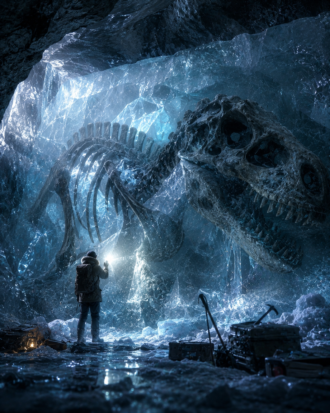Explorer holds a flashlight, discovering a massive T-rex dinosaur skeleton encased in glowing blue ice inside a frozen cave.