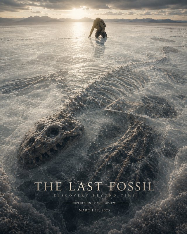 Poster for "The Last Fossil" shows an explorer kneeling beside a giant prehistoric creature fossi...