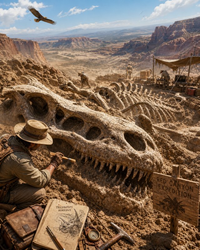 Paleontologist brushes a giant carnivorous dinosaur fossil at a sunlit desert canyon excavation d...