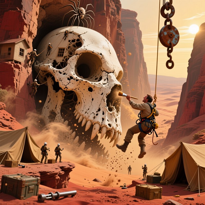 Surreal fantasy scene of explorer archaeologists excavating a giant ancient skull in a sunlit red...
