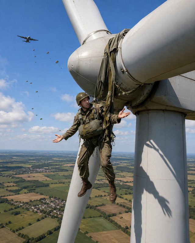Paratrooper stuck tangled in wind turbine blades, shrugging in confusion as other paratroopers ju...