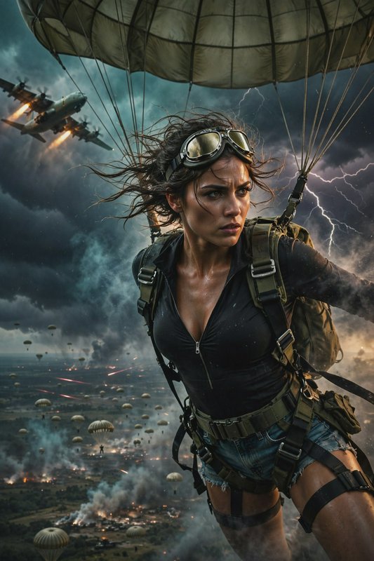 Tough female paratrooper mid-descent under her parachute, above a stormy wartime battlefield with...