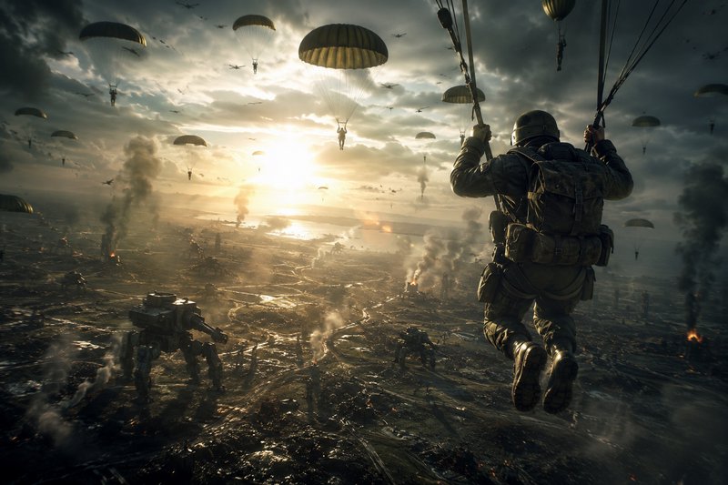 Foreground paratrooper descends via parachute over a futuristic warzone with mech units, other ai...