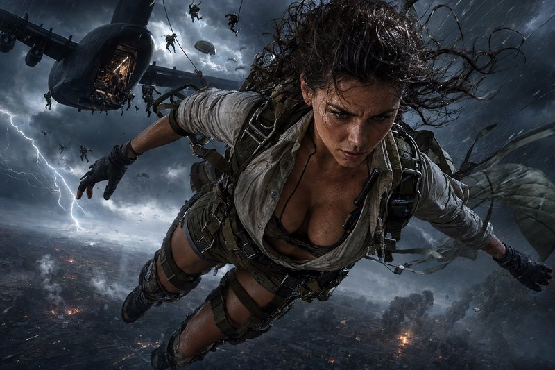 Determined female action character freefalls mid-air during a stormy combat jump from a military transport plane.