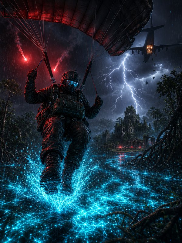 Elite tactical paratrooper lands via parachute in glowing bioluminescent swamp under a stormy lig...