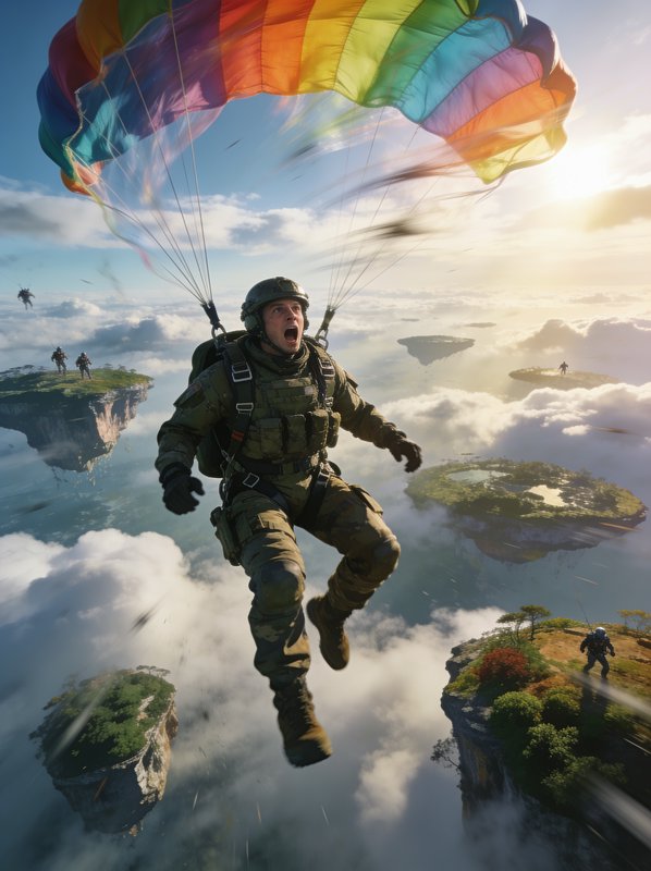 Surprised paratrooper descends under a rainbow parachute above floating fantasy islands over a cl...
