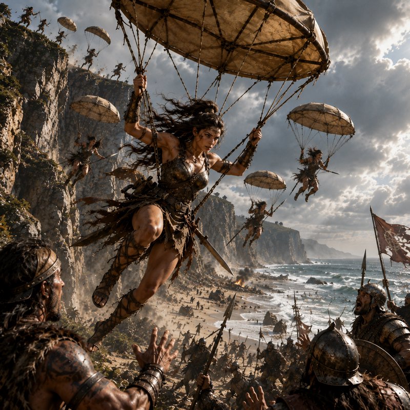 Fierce Amazon warrior leads a coastal raid, descending on primitive canvas parachutes toward a shoreline battlefield.
