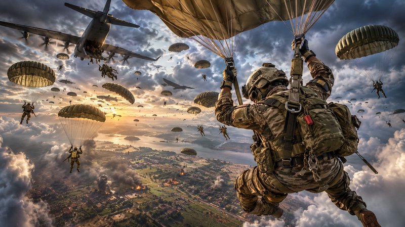 First-person view of a paratrooper descending amid a mass military airborne operation over a warz...