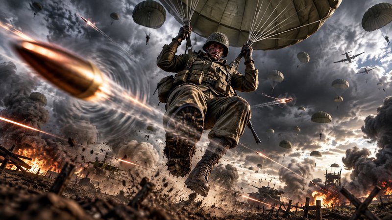 WWII paratrooper descending into active combat, speeding bullet in foreground, other parachutes a...