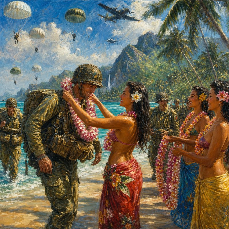 Impressionist oil painting of WWII paratroopers welcomed with flower leis by Hawaiian women on a ...