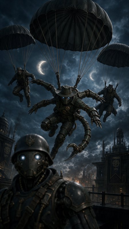 Steampunk robotic paratroopers descend via black parachutes over a gothic industrial city under a crescent moon night sky.