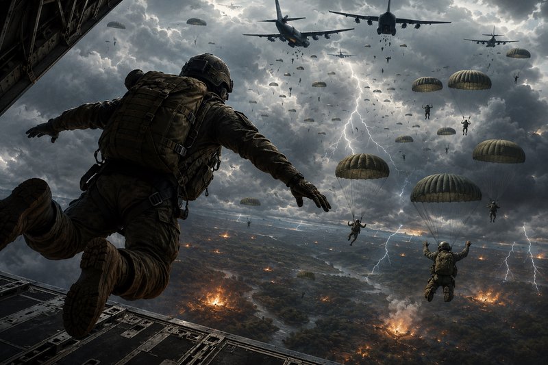 Paratrooper mid-jump from cargo plane during large military airborne invasion, stormy lightning s...