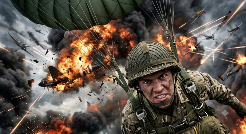 Fierce WWII paratrooper mid-descent under a green parachute, with a chaotic exploding aerial dogf...