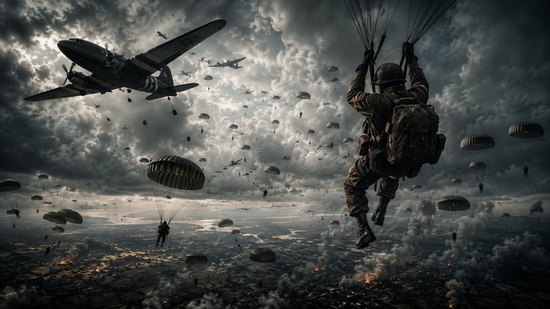 Rear view of a WWII paratrooper mid-descent, alongside hundreds of other airborne troops and mili...