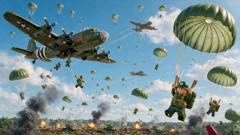 LEGO minifigure WWII paratroopers descend from brick-built B-17 bombers over an active battlefiel...