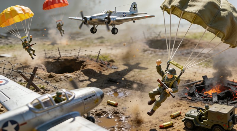 Miniature WWII battlefield diorama with toy paratroopers, model war planes, and military toys in ...