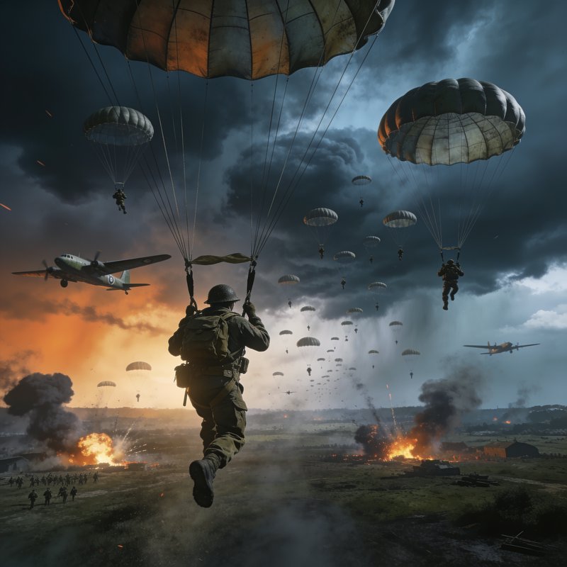 Back view of WWII paratroopers descending under round parachutes over an exploding battlefield du...