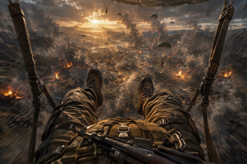 First-person POV of a paratrooper descending via parachute over a burning wartime battlefield at ...