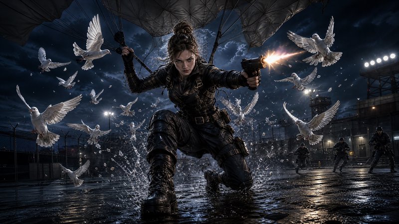 Fierce tactical female operative lands via parachute firing a pistol, surrounded by flying white ...