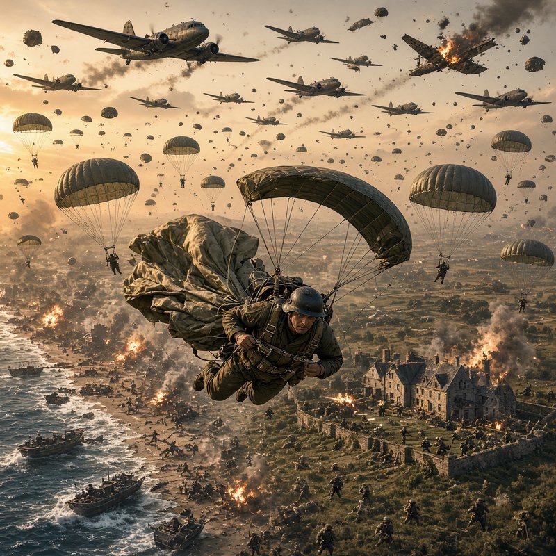 WWII paratrooper descends under parachute during a massive D-Day airborne invasion, with beach co...