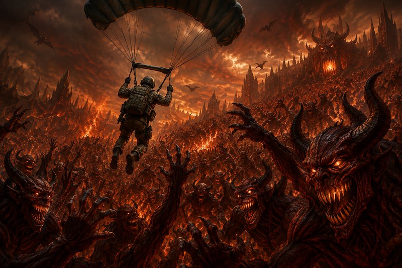 A military paratrooper descends by parachute over a fiery hellscape as hordes of horned glowing-e...