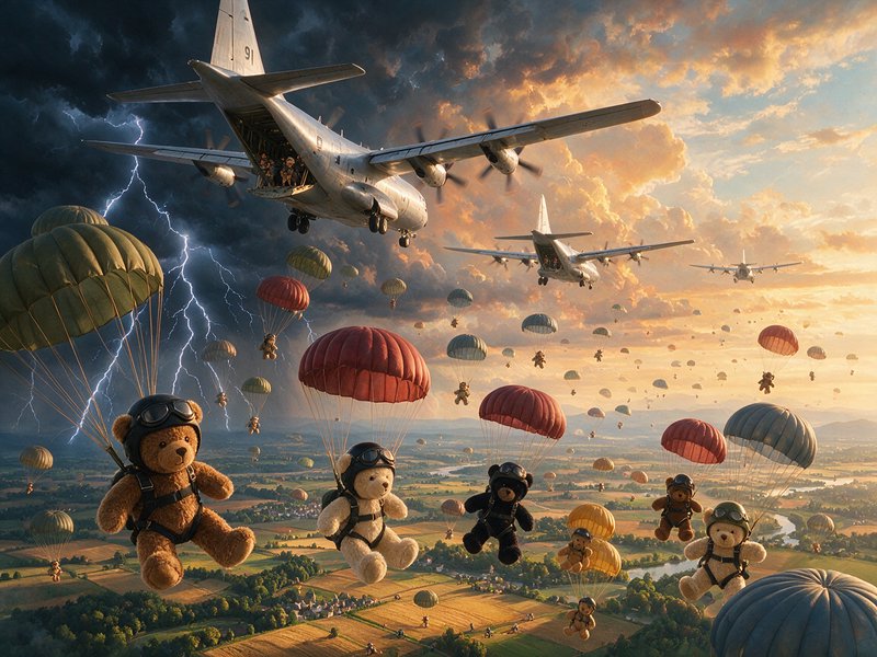 [Plush teddy bears in pilot gear parachute from military cargo planes above rural fields, between storm lightning and gold...