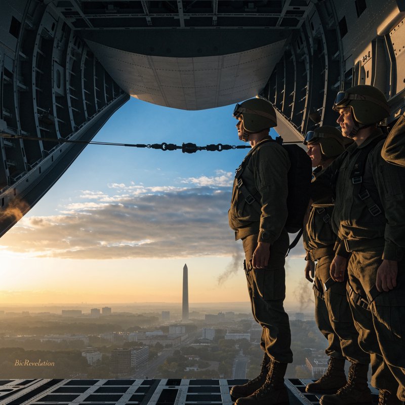 Three paratroopers stand at the open cargo ramp of a military plane overlooking Washington DC and...