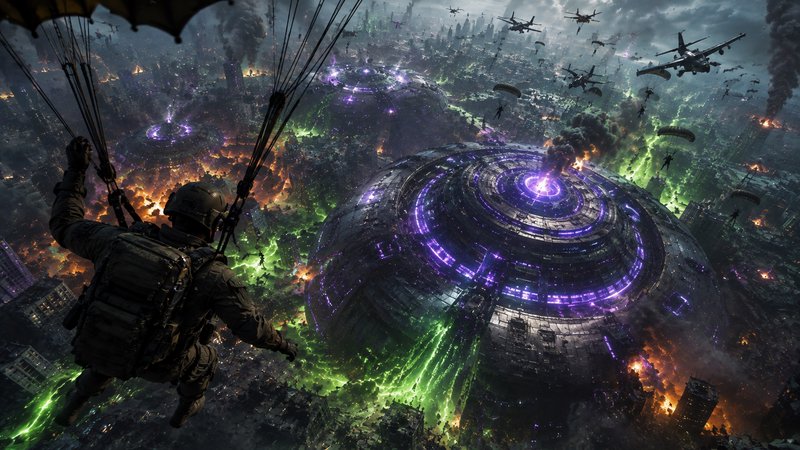 Over-the-shoulder view of a paratrooper parachuting into a war-torn futuristic alien city with gl...