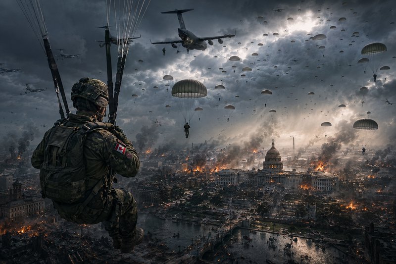 Canadian paratrooper mid-jump overlooks burning Washington DC during a massive airborne invasion ...