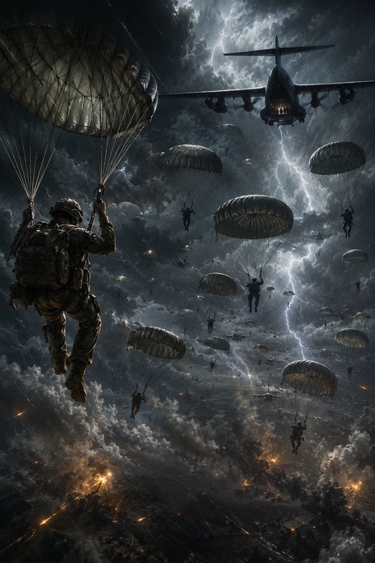 Army paratroopers descend on combat parachutes from transport planes through a lightning-streaked...