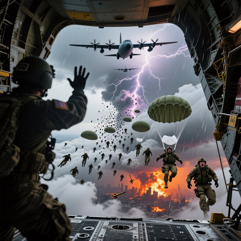 View from inside military cargo plane as paratroopers jump into a stormy combat zone over a burni...