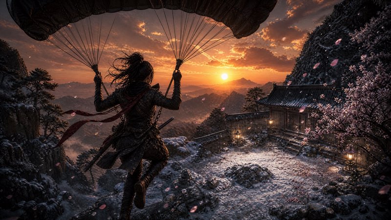 [Armored female ninja glides by parachute toward a snow-dusted Japanese mountain temple at golden sunset, cherry petals dr...