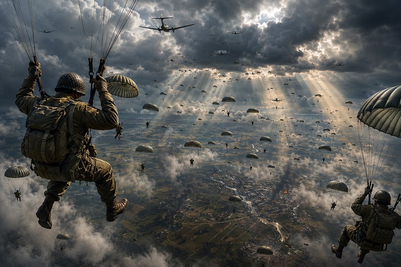 WWII paratroopers descend en masse during a massive airborne invasion, sunbeams breaking through ...