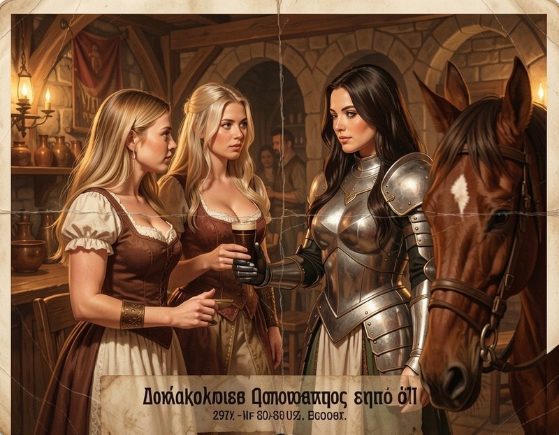 Three women in a medieval tavern, one in full armor beside a horse under warm lantern light.