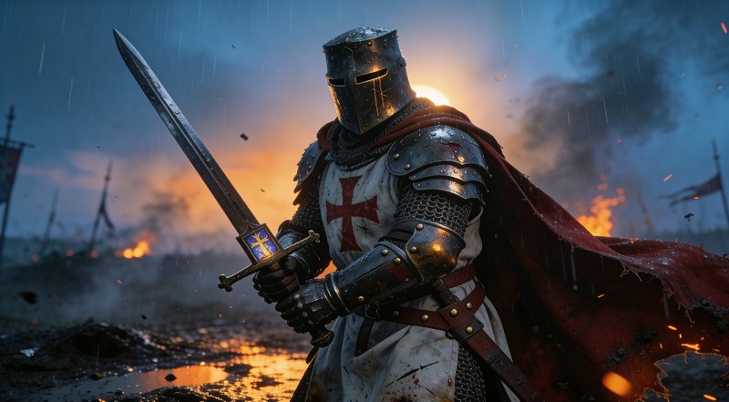 Medieval knight in full plate armor with red cross, sword drawn on a fiery battlefield.