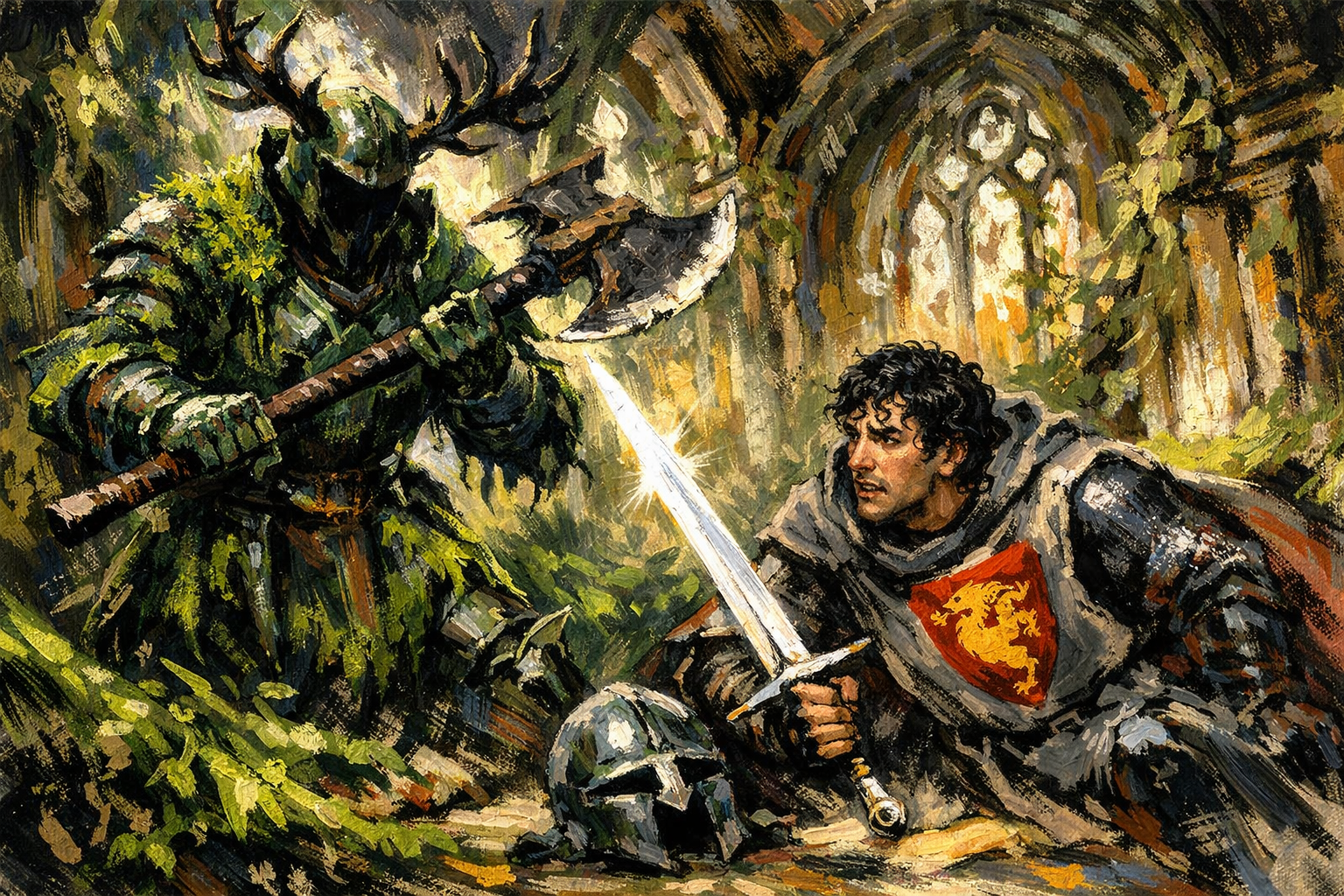 Medieval knight with glowing sword confronts a mossy armored foe among ruined cathedral ruins.