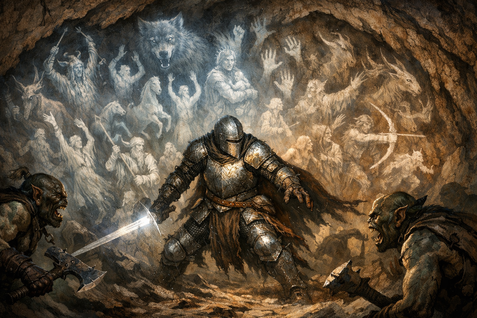 A medieval knight in armor battles orcs in a cavernous, smoky dungeon.