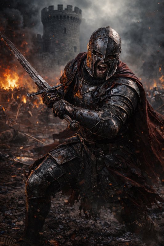 Medieval knight in dented plate armor swinging a sword amid flames and a distant castle backdrop